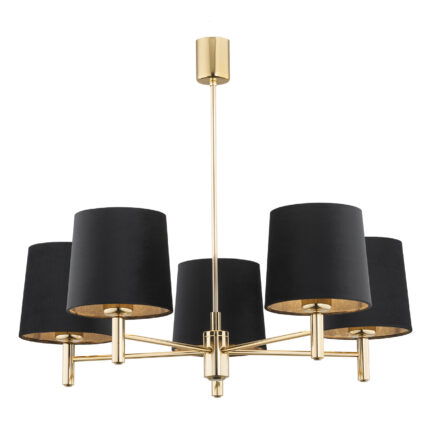 Brass chandelier with black fabric lampshades on a white background.
