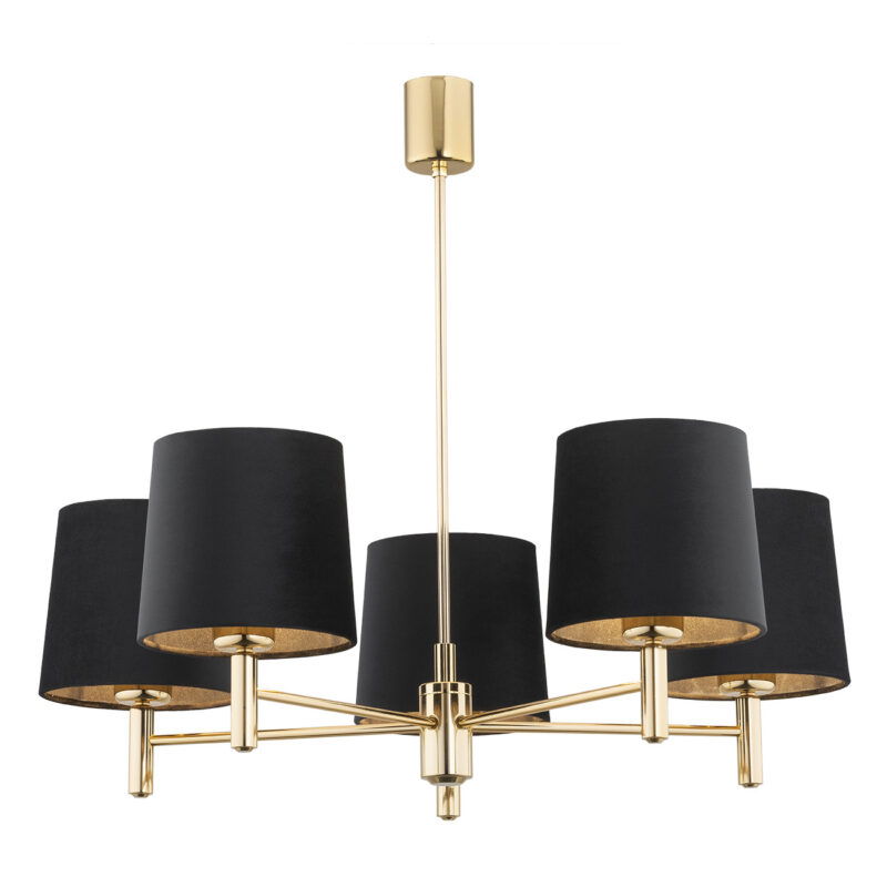 Brass chandelier with black fabric lampshades on a white background.