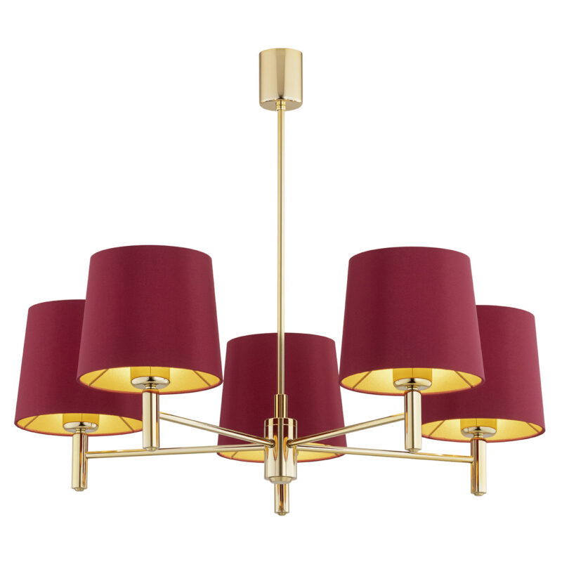 5 arm chandelier with red shades on a white background.