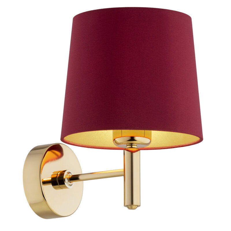 Brass wall light with red shade viewed from left side angle.