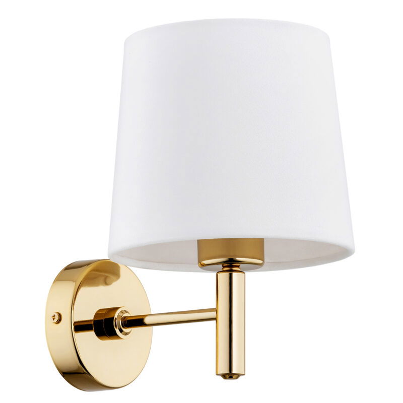 Left side view of a brass wall light with cream shade switched off.