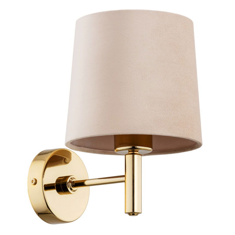 Brass wall light with beige shade shown with light bulb switched off.