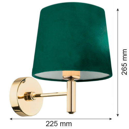 Brass wall light with green shade shown with measurements in MM.