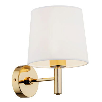 Left side view with light bulb switched on, of a brass wall light with cream shade.