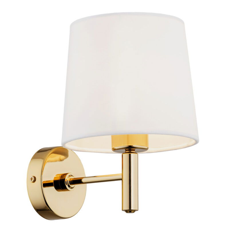 Left side view with light bulb switched on, of a brass wall light with cream shade.
