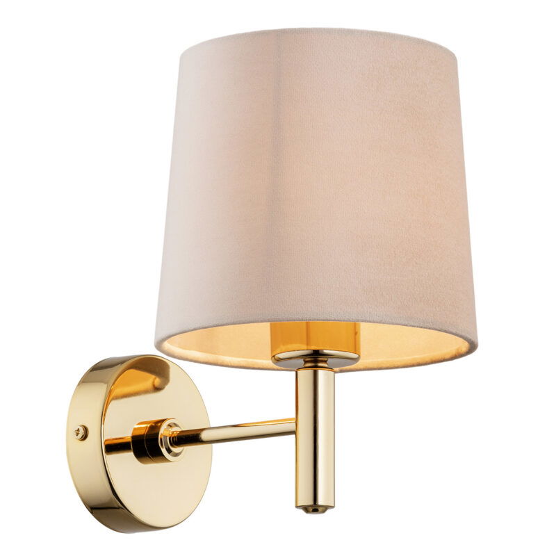 Left side view of a brass wall light with beige lampshade.