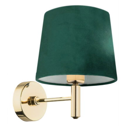 Left side angle view of a dark brass wall light with green shade.
