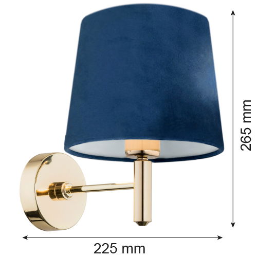 Brass wall light with navy blue conical shade showing measurement specifications in millimeters.