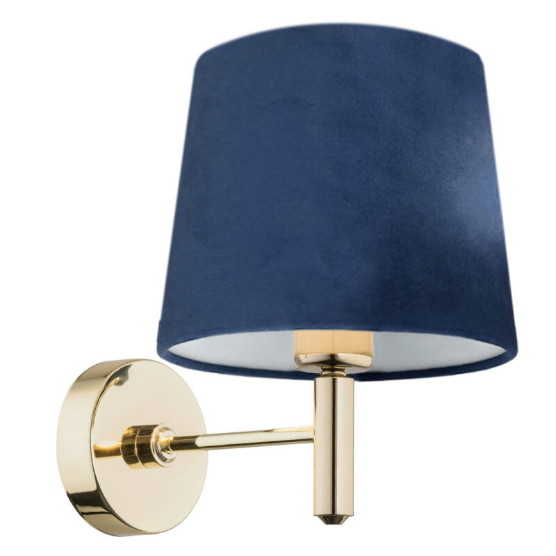 Angled view of brass wall light with arm extending outward and drum navy blue lampshade.