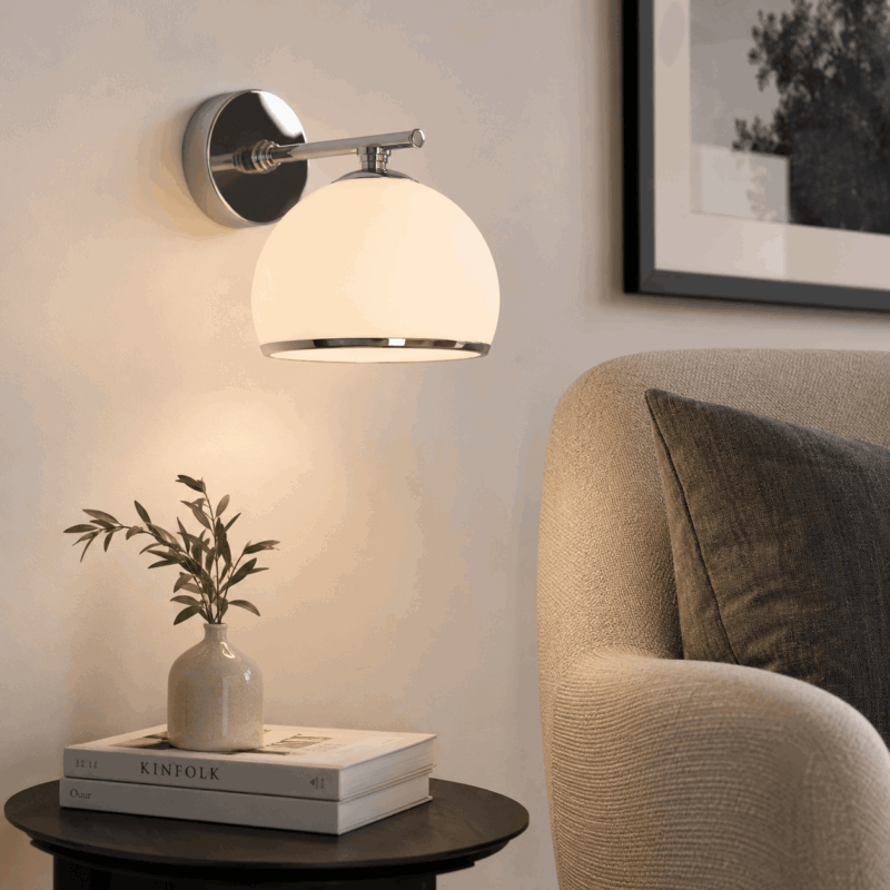 bella wall light, chrome metal, opal glass, 1 lamp, 18cm wide