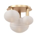 Reels Gold Ceiling Light, Semi Flush, 3 Lamp, Ribbed White Glass, 46cm Wide