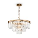Revero Crystal Glass Pendant Light, Brass Metal, 7 Lamp, 50cm Wide