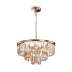 Revero Amber Crystal Glass Pendant Lamp, Gold Metal, 7 Light, 50cm Wide