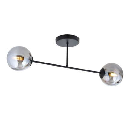 Black two arm ceiling light with grey glass shades with light bulbs on.