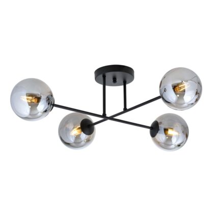 Four light black ceiling lamp with grey glass shades with light bulbs on.