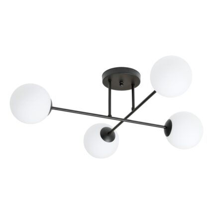 View of a four arm black ceiling light with opal glass shades with the light bulbs switched off.