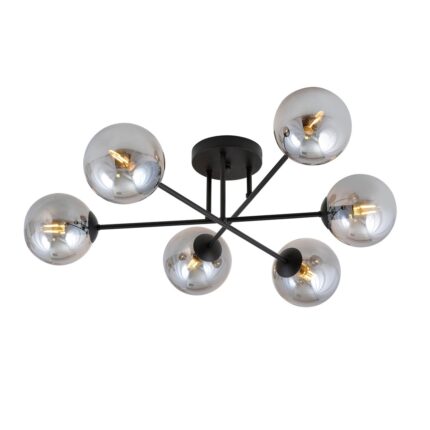 Black ceiling light with six grey glass shades on a white background with light bulbs on.