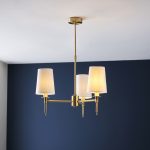 Lilt Rod Chandelier, Brass, 3 Arm, White Shades, 55cm