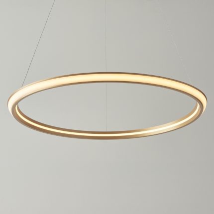 A detailed upward view of the Solace LED Pendant Lamp, focusing on the circular ring and the intricate design details, showcasing the craftsmanship and modern style of the lighting fixture.