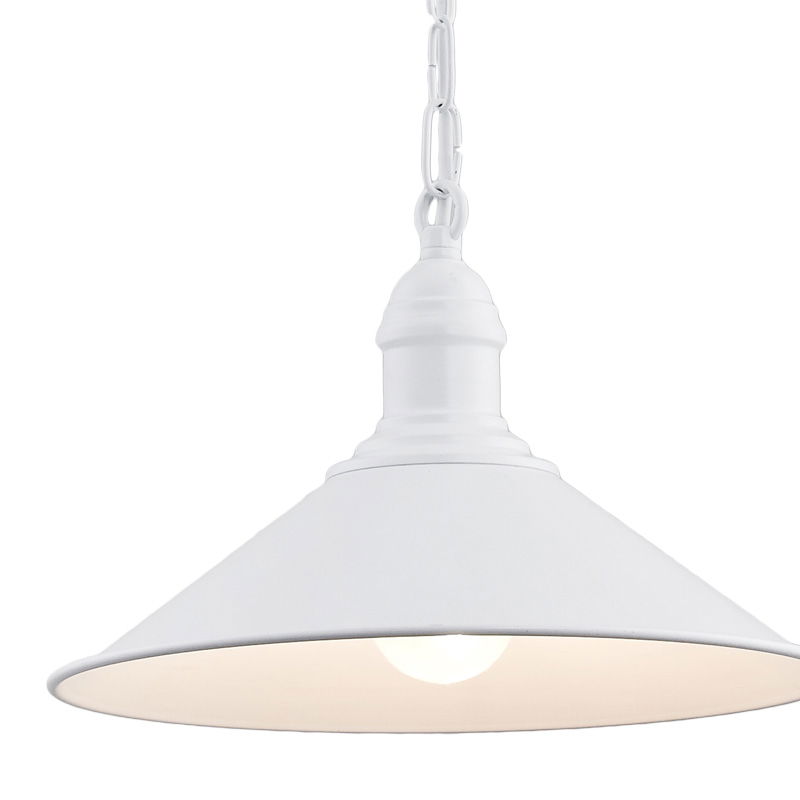 Close-up view of the white conical shade showing fluted ridges and chain detail.