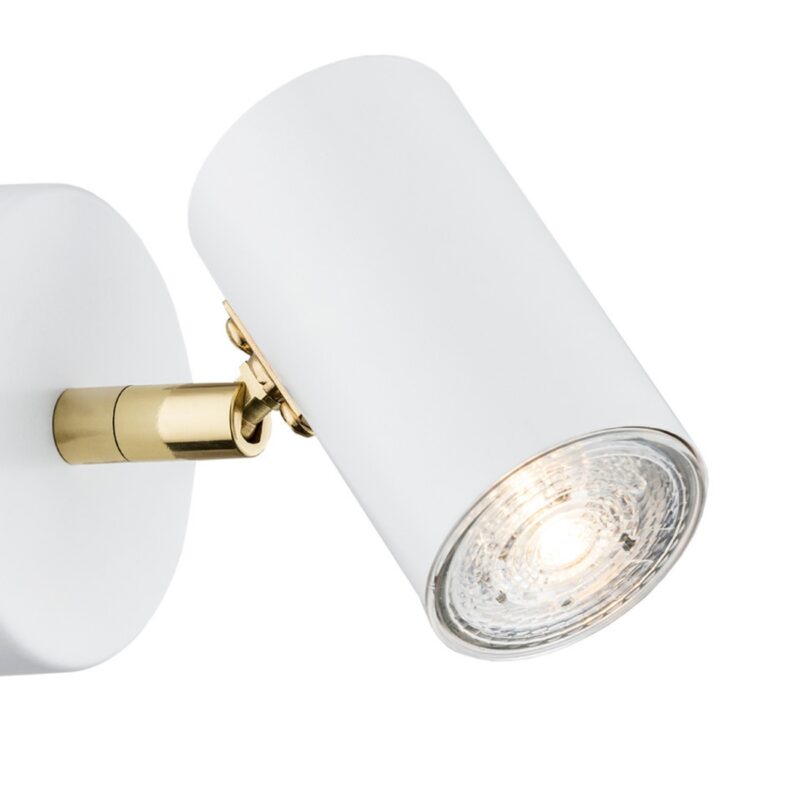 agos 1 lamp white adjustable wall/ceiling spotlight, brass arm, 8cm wide