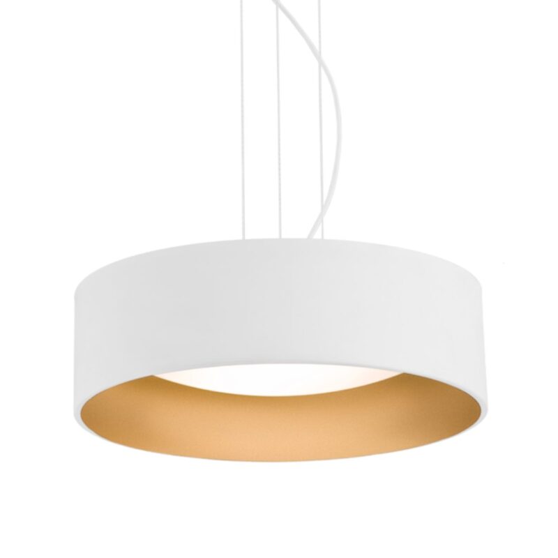 hito round pendant light, white & gold drum shade, opal glass, 45cm width