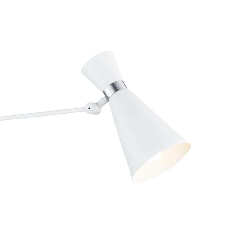luke white extended wall light, adjustable shade, chrome detail, 1 lamp