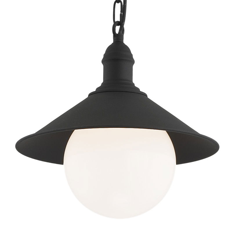 Close-up of Terba pendant light showing black metal shade and opal glass globe.