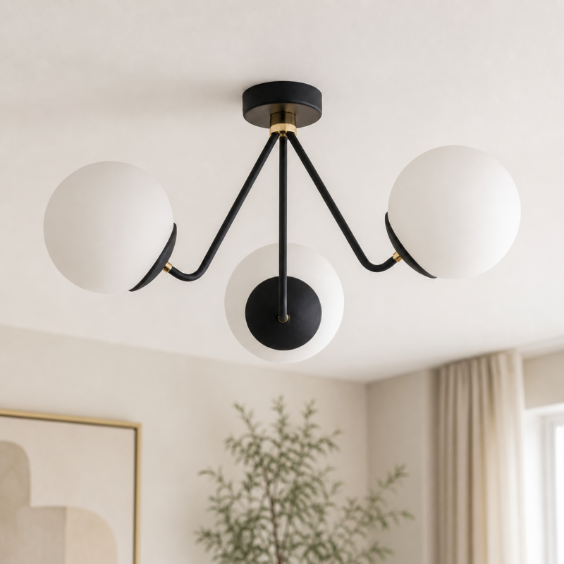 tom black semi flush ceiling lamp, 3 light, brass detail, opal glass, 51cm wide