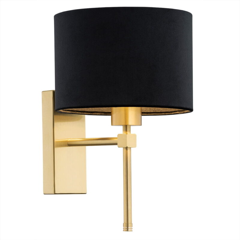 Black drum shade wall light with brushed brass arm and rectangular wall plate.