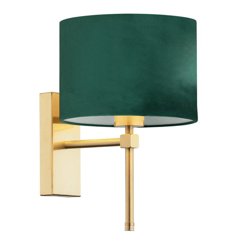 Green velvet drum shade wall light with brushed brass arm extending from rectangular wall plate.
