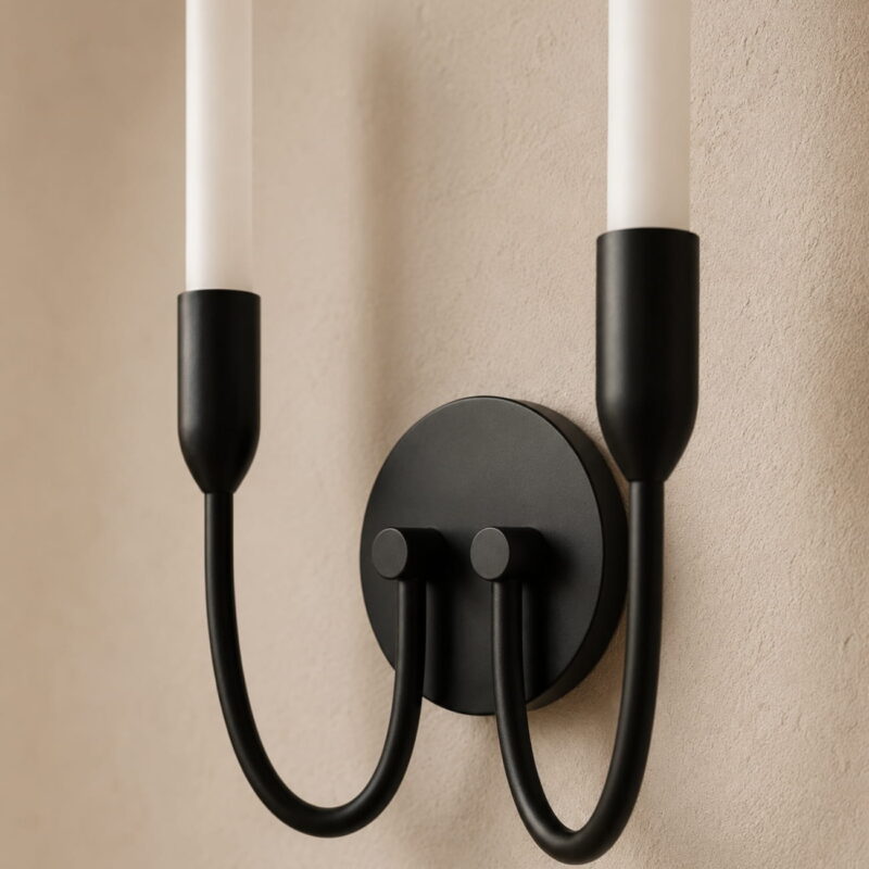 argust black wall light, steel, 2 lamp, milk white glass shades, 21cm wide