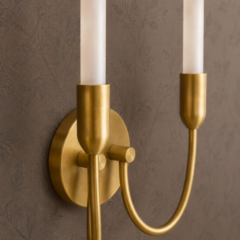 argust brushed brass wall light, 2 lamp, steel, white glass shades, 21cm wide