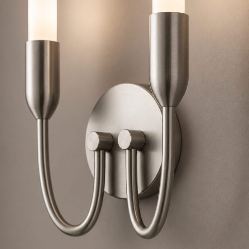 argust nickel wall lamp, 2 light, steel, white glass shades, 21cm wide