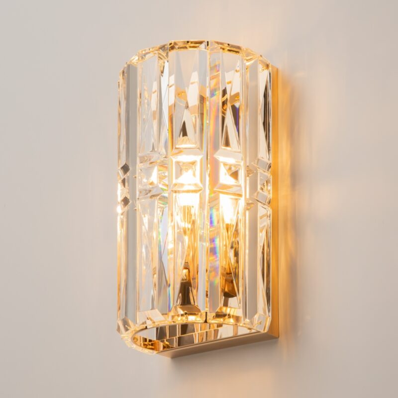 facet short wall light, gold metal, clear crystal glass, 1 lamp, 25cm wide