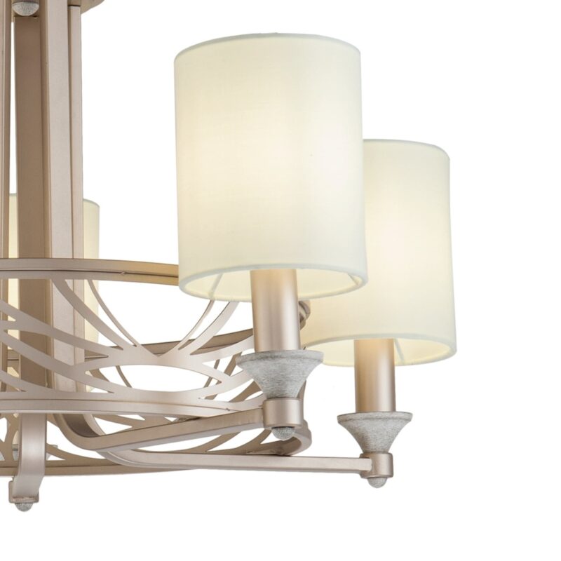vittoria 5 light chandelier, semi flush, white shades, gold metal, 71cm wide