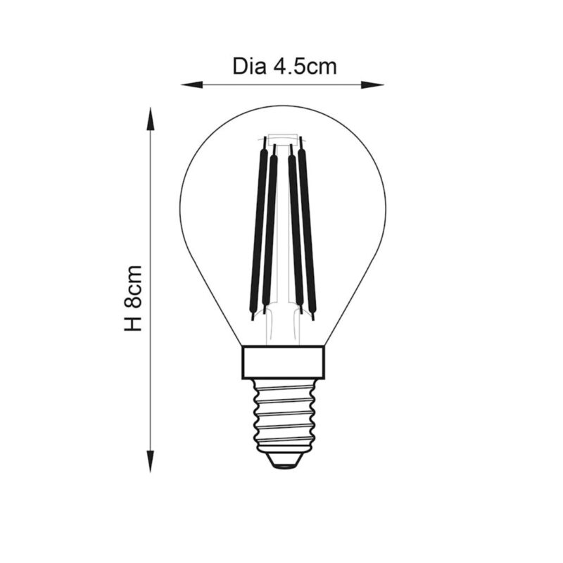 elg e14 led golf ball, clear, filament, 4w, dimmable