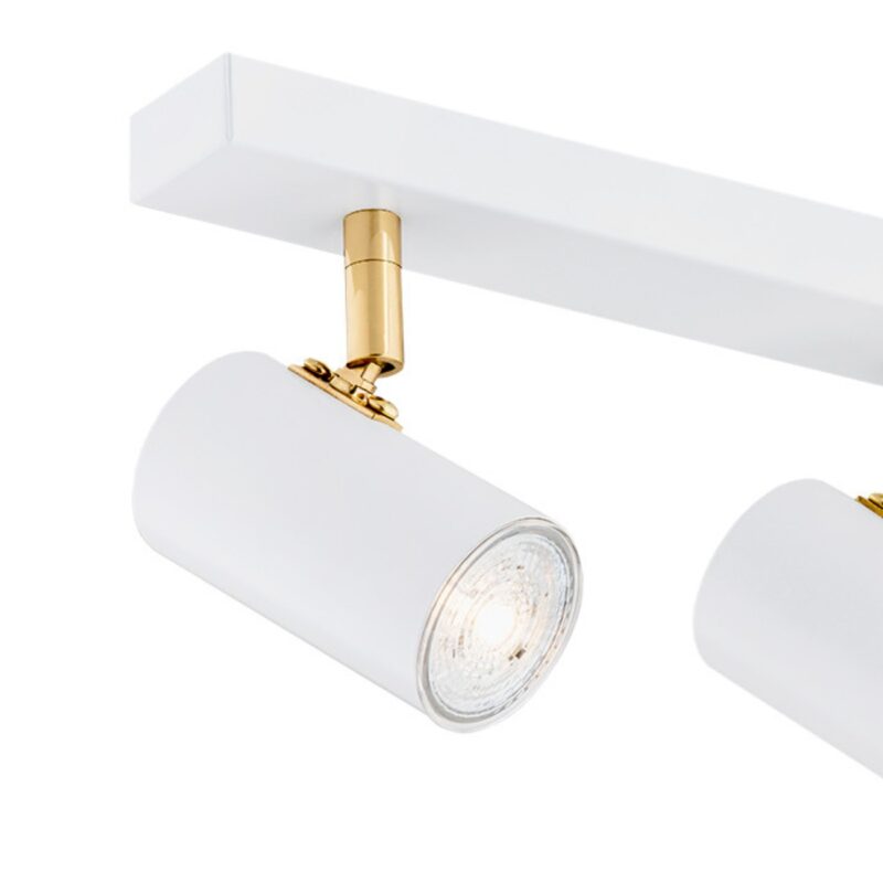 agos 3 light white adjustable ceiling spotlight, brass rods, 44cm wide
