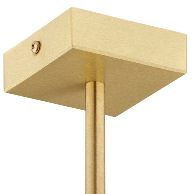 Aruzzo 5-light chandelier ceiling plate detail showing brushed brass square mounting fixture.