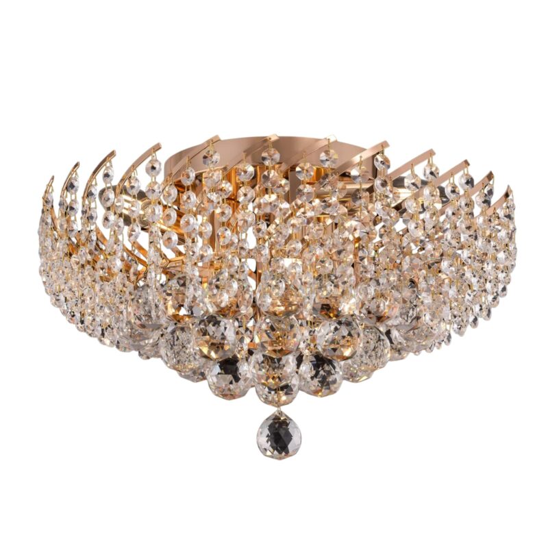 karolina gold flush ceiling light, 6 lamp, crystal glass, 41cm wide