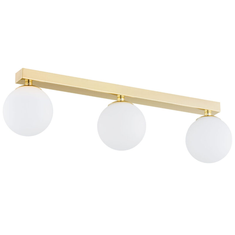 Vio linear ceiling light switched off showing brass bar and glass spheres.