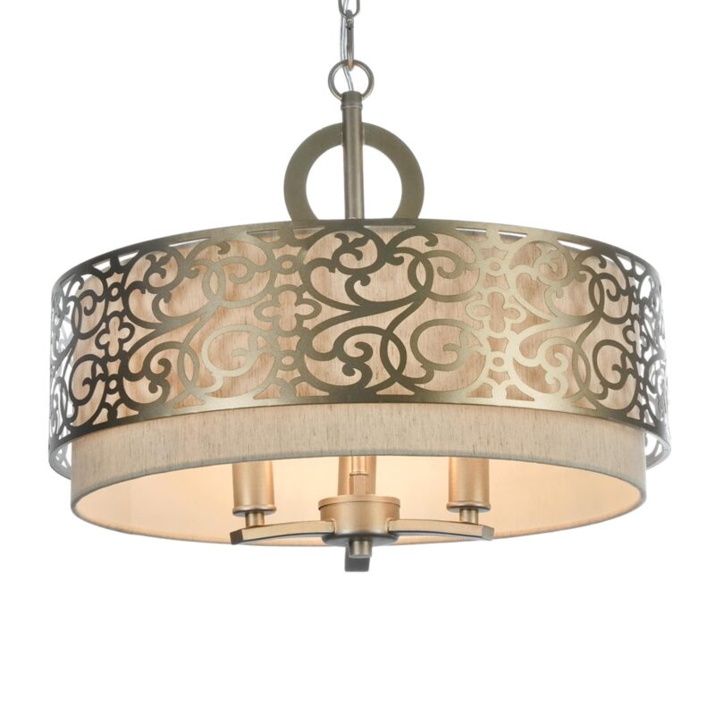 venera 3 lamp pendant light, brass metal, beige fabric shade, 46.4cm wide