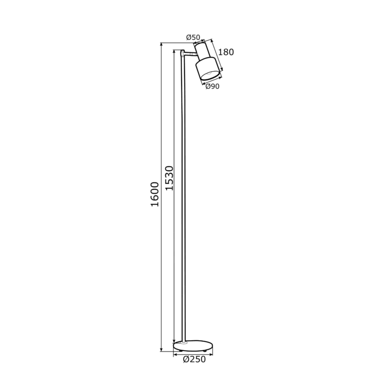 Technical diagram of Oria floor lamp showing 160cm height and measurements.