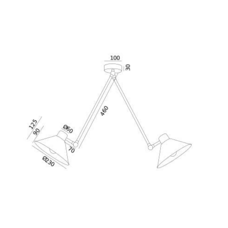 Technical drawing of black Alea 2-arm ceiling light, 133cm width.