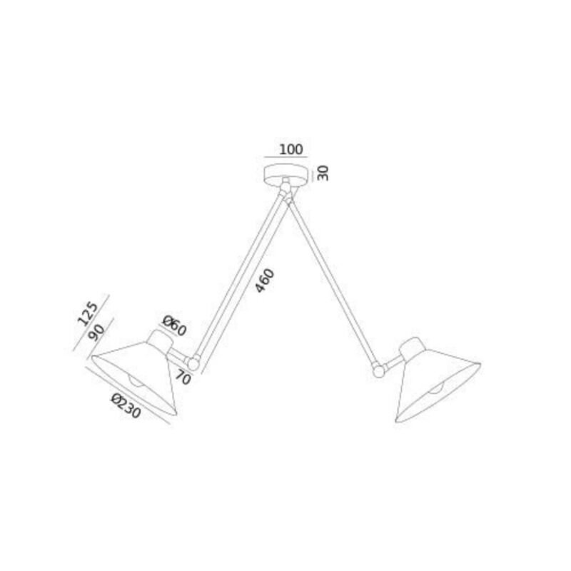 Technical drawing of white Alea 2-arm ceiling light, 133cm width.