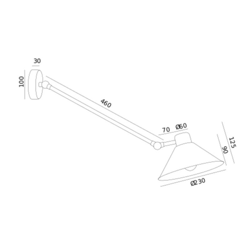 Technical drawing of white Alea wall lamp with measurements and adjustable arm shown.