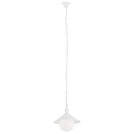 Terba white outdoor pendant light with metal shade and opal glass globe.