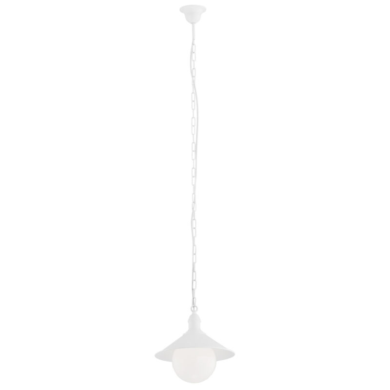 Terba white outdoor pendant light with metal shade and opal glass globe.