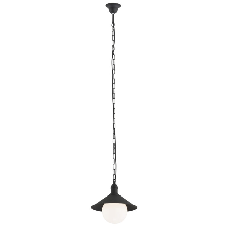 Terba outdoor pendant light with black metal shade and opal glass globe.
