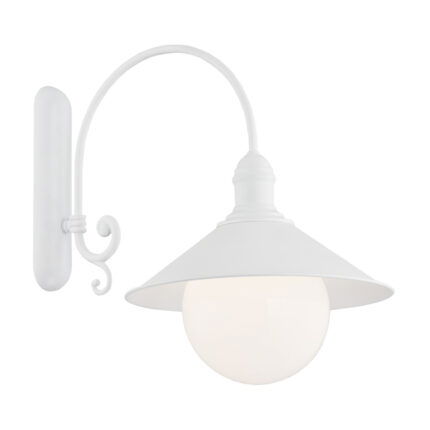 Terba white outdoor wall light with curved arm and opal glass globe.